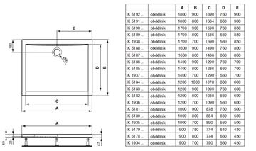 IDEAL STANDARD ULTRA FLAT sprchová vanička 120x90 cm, akrylát, bez nožiček K518301 Technický nákres