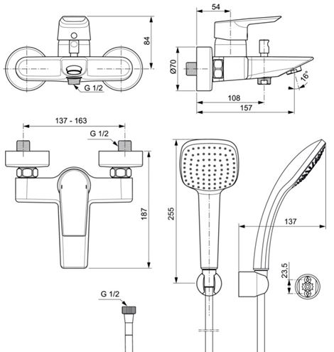 IDEAL STANDARD TESI vanová nástěnná baterie, s přepínačem, se sprchovou soupravou, chrom A6584AA Technický nákres