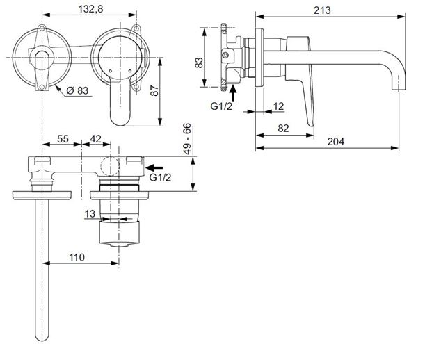 IDEAL STANDARD CONNECT BLUE umyvadlová podomítková baterie, chrom A5933AA Technický nákres