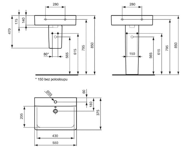 IDEAL STANDARD CONNECT SPACE CUBE umyvadlo 55 cm, s otvorem pro baterii a přepadem, Ideal Plus E7140MA Technický nákres