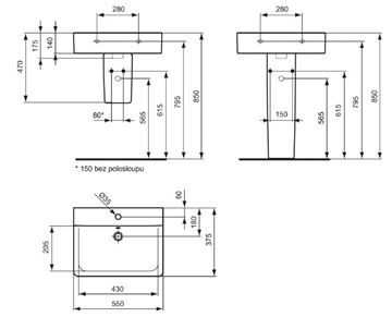 IDEAL STANDARD CONNECT SPACE CUBE umyvadlo 55 cm, s otvorem pro baterii a přepadem, Ideal Plus E7140MA Technický nákres
