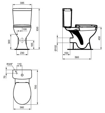 IDEAL STANDARD CONTOUR 21 bezbariérová WC kombi mísa, zadní odpad E883201 Technický nákres