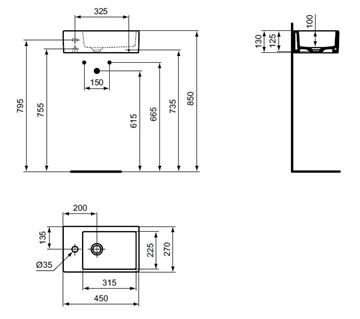 IDEAL STANDARD STRADA umývátko na desku 45 cm, s otvorem pro baterii, bez přepadu K081701 Technický nákres