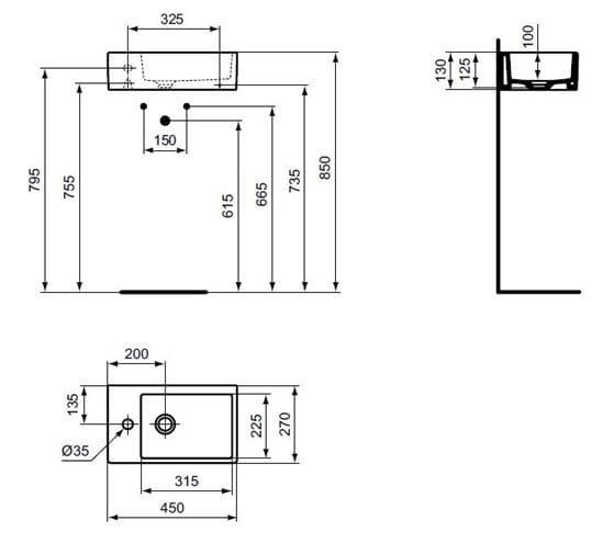 IDEAL STANDARD STRADA umývátko na desku 45 cm, s otvorem pro baterii, bez přepadu K081701 Technický nákres