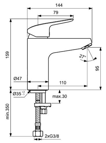IDEAL STANDARD CERAFLEX GRANDE umyvadlová stojánková baterie, chrom B1714AA Technický nákres
