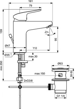 IDEAL STANDARD CERAFLEX GRANDE umyvadlová stojánková baterie, s odtokovou soupravou, chrom B1713AA Technický nákres
