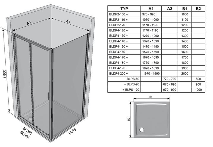 RAVAK BLIX BLDP4 140 sprchové dveře 140x190 cm, posuvné, bílá/sklo Grape 0YVM0100ZG Technický nákres