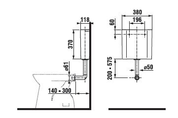 JIKA WC nádržka, boční přívod vody, Dual-Flush H8937110000001 Technický nákres