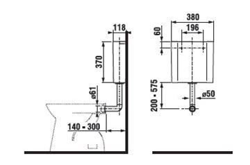 JIKA WC nádržka, boční přívod vody, Dual-Flush H8937110000001 Technický nákres