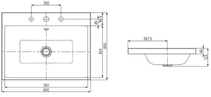 KALDEWEI PURO 3154 umyvadlo 60 cm, s otvorem pro baterii a přepadem, smaltovaná ocel, Perl-Effekt, alpská bílá 900406013001 Technický nákres
