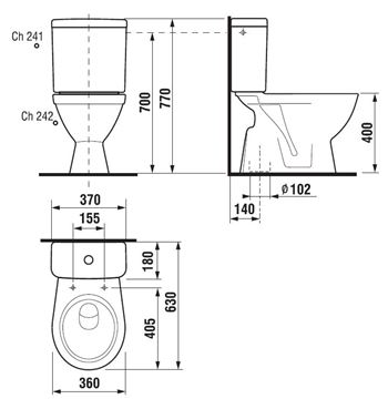 JIKA LYRA PLUS WC kombi, spodní odpad, Dual-Flush, spodní napouštění H8263870002421 Technický nákres