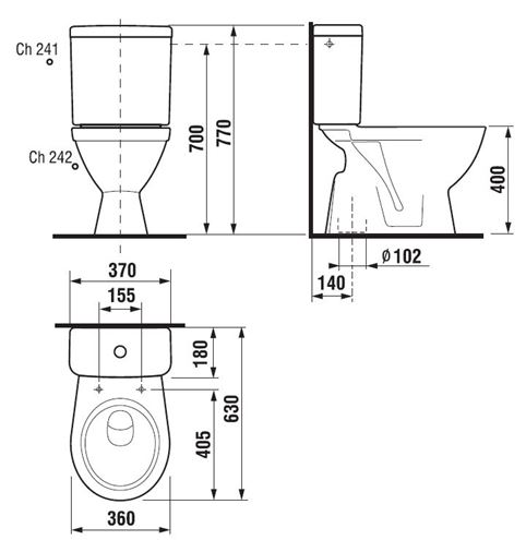 JIKA LYRA PLUS WC kombi, spodní odpad, Dual-Flush, spodní napouštění H8263870002421 Technický nákres