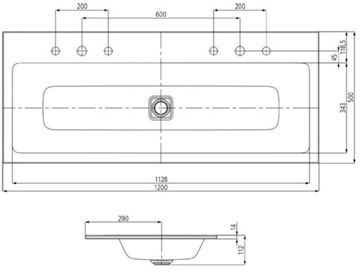 KALDEWEI CONO 3082 umyvadlo 120 cm, bez otvoru pro baterii, bez přepadu, smaltovaná ocel, Perl-Effekt, alpská bílá 901806003001 Technický nákres