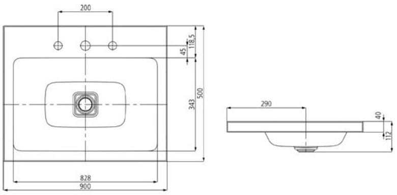 KALDEWEI CONO 3084 umyvadlo 90 cm, s otvorem pro baterii, bez přepadu,smaltovaná ocel, Perl-Effekt, alpská bílá 902006013001 Technický nákres
