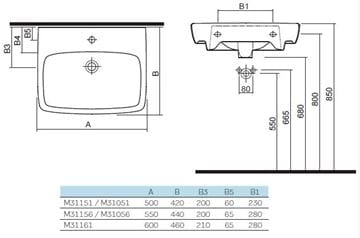 KOLO NOVA PRO umyvadlo 60 cm, s otvorem pro baterii a přepadem M31161000 Technický nákres