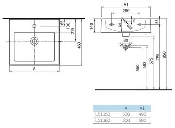 KOLO TWINS umyvadlo 50 cm, s otvorem pro baterii a přepadem L51150000 Technický nákres