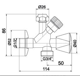 NOVASERVIS kombinovaný rohový ventil 1/2"x3/8"x3/4", chrom CF5104 Technický nákres