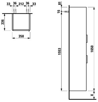 LAUFEN BASE vysoká skříňka 35x33,6x165 cm, 2 dvířky, 1 police, panty vlevo, lesklá bílá H4026911102611 Technický nákres