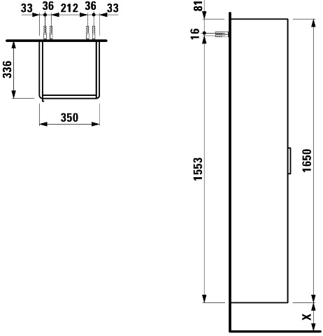 LAUFEN BASE vysoká skříňka 35x33,6x165 cm, 1 dvířka, panty vpravo, lesklá bílá H4026721102611 Technický nákres