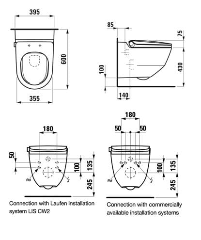 LAUFEN CLEANET RIVA závěsné WC s bidetovým sedátkem, Rimless, LCC H8206914000001 Technický nákres