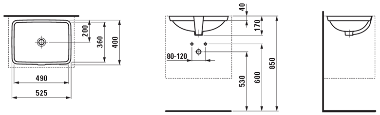 LAUFEN PRO S umyvadlo 49 cm, s přepadem H8119600001091 Technický nákres