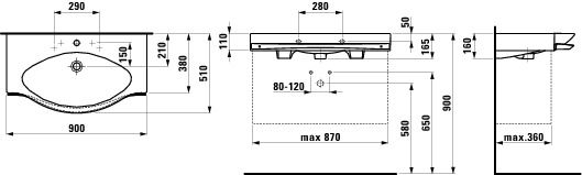 LAUFEN PALACE umyvadlo 90 cm, s otvorem pro baterii a přepadem, s držákem na ručník H8127020001041 Technický nákres