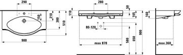 LAUFEN PALACE umyvadlo 90 cm, s otvorem pro baterii a přepadem, s držákem na ručník H8127020001041 Technický nákres