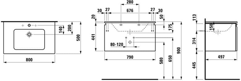 LAUFEN PRO S skříňka s umyvadlem 80x50x46 cm, 1 zásuvka, matná bílá H8609634631041 Technický nákres