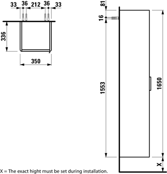 LAUFEN BASE vysoká skříňka 35x33,6x165 cm, 1 dvířka, panty vlevo, tmavý jilm H4026711102631 Technický nákres