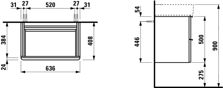 LAUFEN SPACE skříňka pod umyvadlo 63,6x40,8x50 cm, 2 zásuvky, matná bílá H4101621601001 Technický nákres