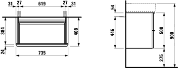 LAUFEN SPACE skříňka pod umyvadlo 73,5x40,8x50 cm, 2 zásuvky, matná bílá H4101821601001 Technický nákres