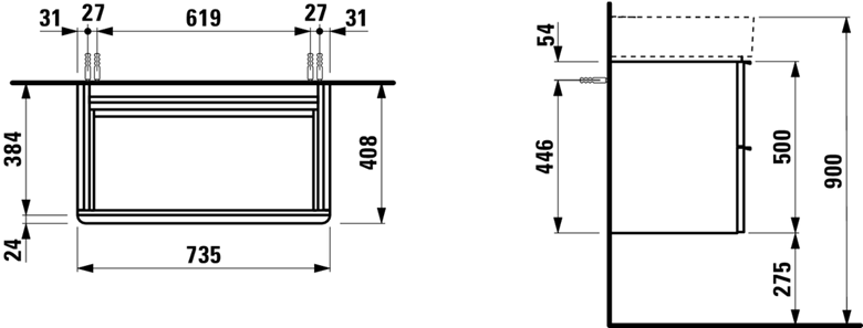LAUFEN SPACE skříňka pod umyvadlo 73,5x40,8x50 cm, 2 zásuvky, matná bílá H4101821601001 Technický nákres