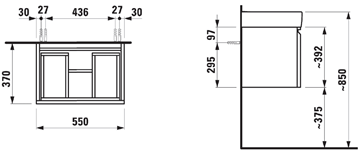 LAUFEN PRO S skříňka pod umyvadlo 55x37x39,2 cm, 1 zásuvka, s organizérem, bílá H4830320954631 Technický nákres