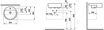 LAUFEN LIVING umyvadlo 46 cm, s otvorem pro baterii a přepadem H8134310001041 Technický nákres