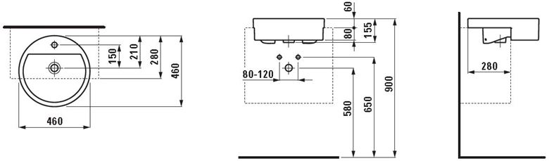 LAUFEN LIVING umyvadlo 46 cm, s otvorem pro baterii a přepadem H8134310001041 Technický nákres