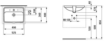 LAUFEN PRO S umyvadlo 49 cm, s otvorem pro baterii a přepadem H8119660001041 Technický nákres