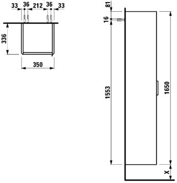 LAUFEN BASE vysoká skříňka 35x33,6x165 cm, 1 dvířka, panty vlevo, lesklá bílá H4026711102611 Technický nákres