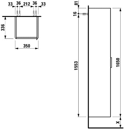 LAUFEN BASE vysoká skříňka 35x33,6x165 cm, 1 dvířka, panty vlevo, lesklá bílá H4026711102611 Technický nákres