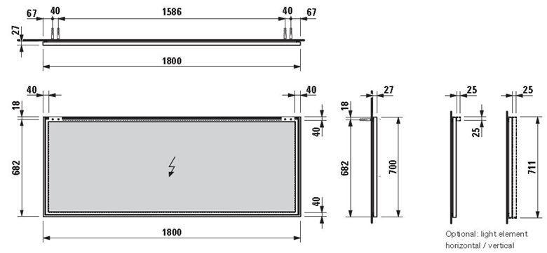 LAUFEN FRAME 25 zrcadlo 180x70 cm H4474109001441 Technický nákres