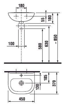 EASY umývátko 45 cm, s otvorem pro baterii a přepadem H8156120001045 Technický nákres