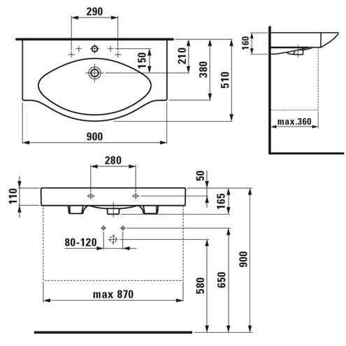 LAUFEN PALACE umyvadlo 90 cm, s otvorem pro baterii a přepadem H8117020001041 Technický nákres