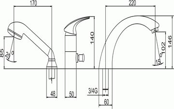NOVASERVIS METALIA 57 baterie na okraj vany, 3-otvorová, s přepínačem, se sprchovou soupravou, chrom 57045,0 Technický nákres