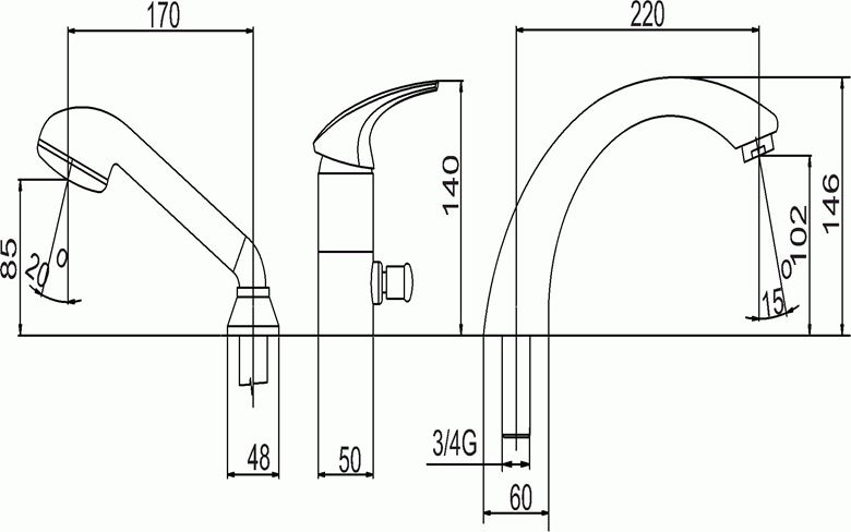 NOVASERVIS METALIA 57 baterie na okraj vany, 3-otvorová, s přepínačem, se sprchovou soupravou, chrom 57045,0 Technický nákres