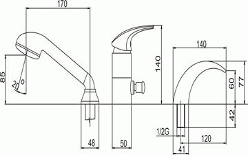 NOVASERVIS METALIA 57 baterie na okraj vany, 3-otvorová, s přepínačem, se sprchovou soupravou, chrom 57047,0 Technický nákres