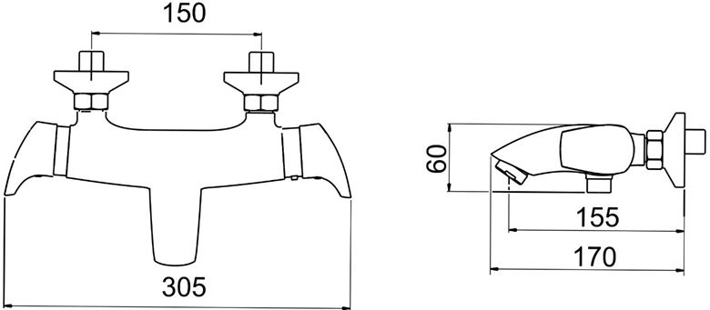 NOVASERVIS METALIA 57 vanová nástěnná termostatická baterie, s přepínačem, chrom 57920/1,0 Technický nákres