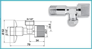 EASY rohový ventil 1/2"x1/2", chrom EAS.3003/15.CF Technický nákres