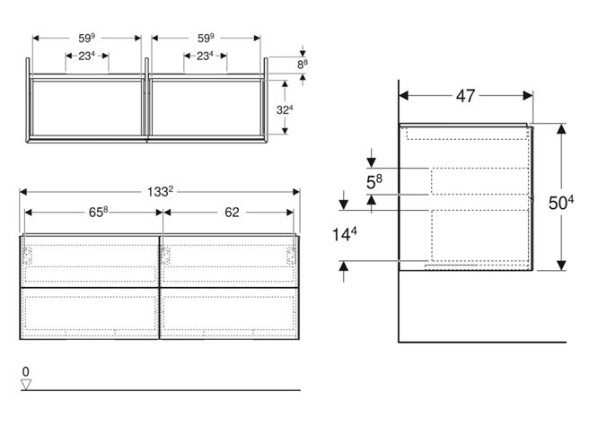 GEBERIT ONE skříňka pod umyvadla 133,2x47x50,4 cm, 4 zásuvky, Push-open, ořech hickory 505.266.00.6 Technický nákres