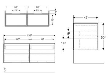 GEBERIT ONE skříňka pod umyvadla 133,2x47x50,4 cm, 4 zásuvky, Push-open, ořech hickory 505.266.00.6 Technický nákres