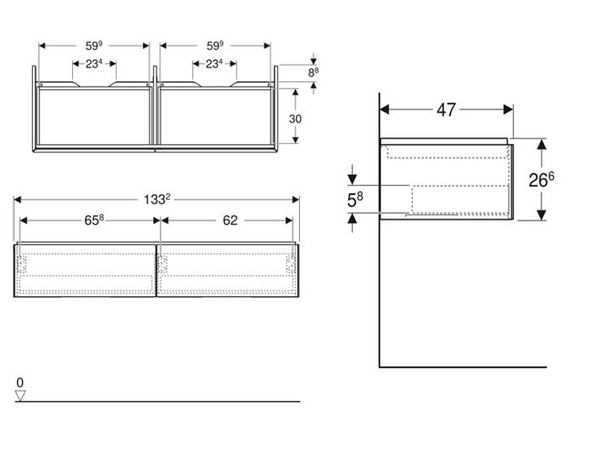 GEBERIT ONE skříňka pod umyvadlo 133,2x47x26,6 cm, 2 zásuvky, Push-open, lesklá bílá 505.076.00.1 Technický nákres