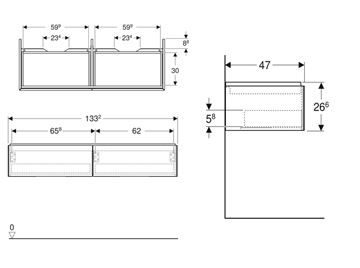 GEBERIT ONE skříňka pod umyvadlo 133,2x47x26,6 cm, 2 zásuvky, Push-open, matná černá 505.076.00.8 Technický nákres